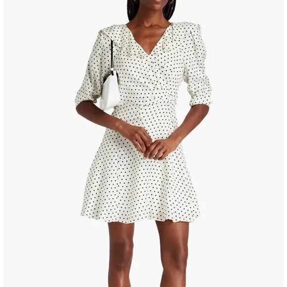 Sandro Puffed Sleeve Ruffled Polka Dot Twill Mini Dress White/Black 34 US XS - Picture 1 of 13